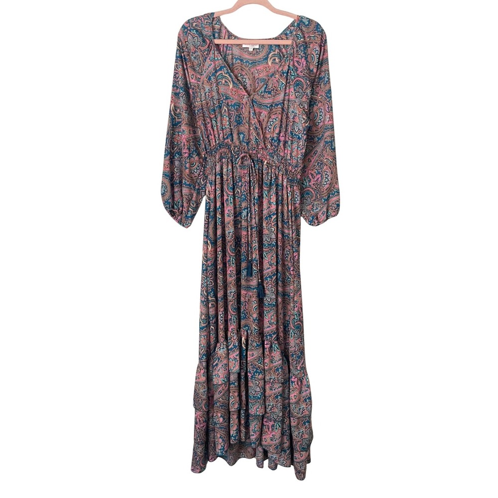 Anthropologie Boemo‎ Dress Large LP Pink Blue Paisley Maxi Smocked Tiered Boho